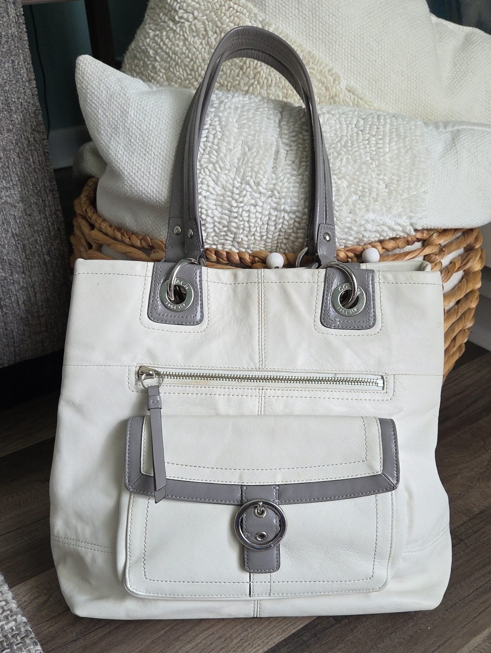 Coach Penelope Winter White and Gray Leather Tote Bag